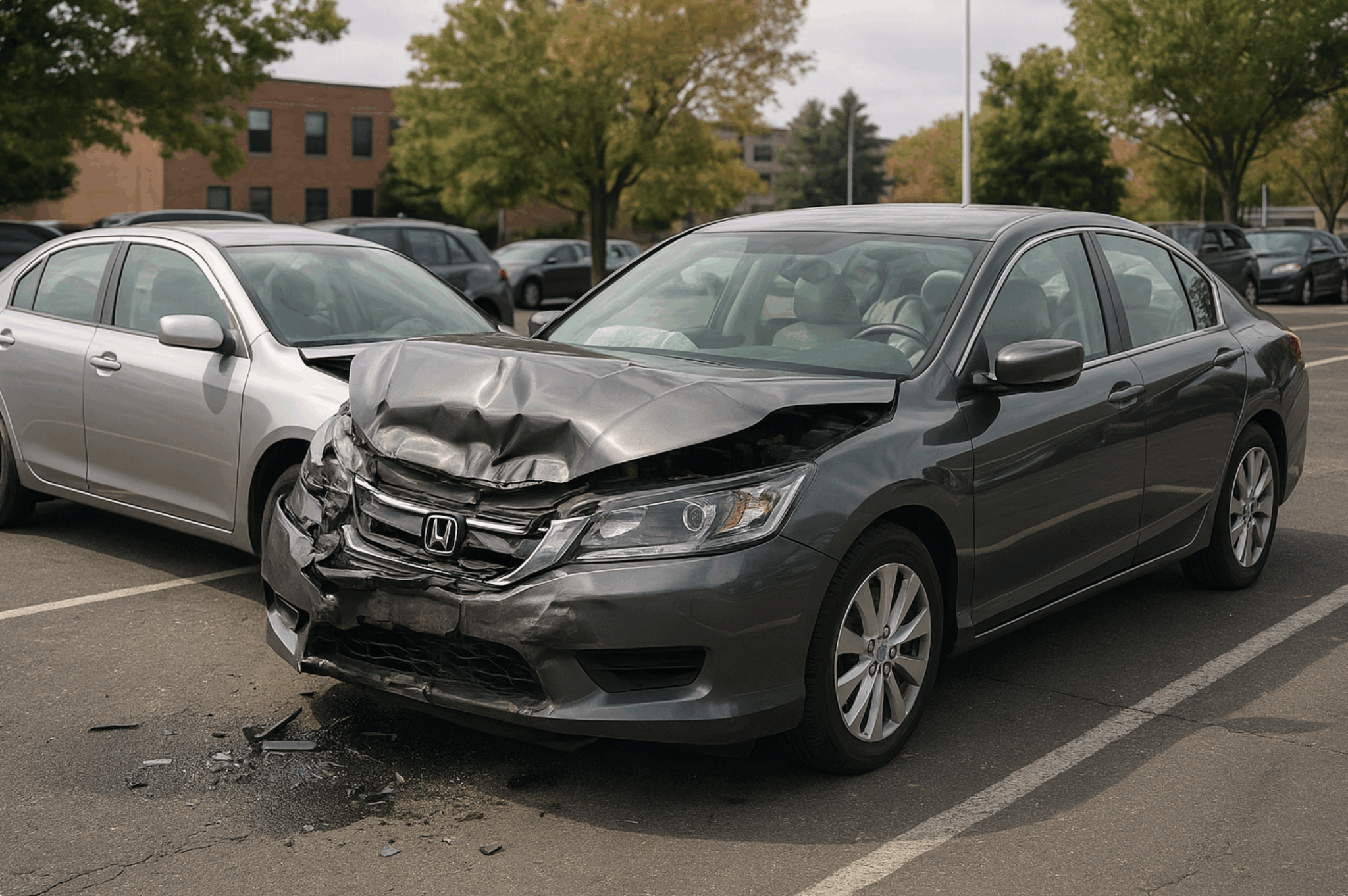 what to do after a car accident in Connecticut. Two cars collide in a Hartford CT parking lot, showing front-end and rear damage after a car accident